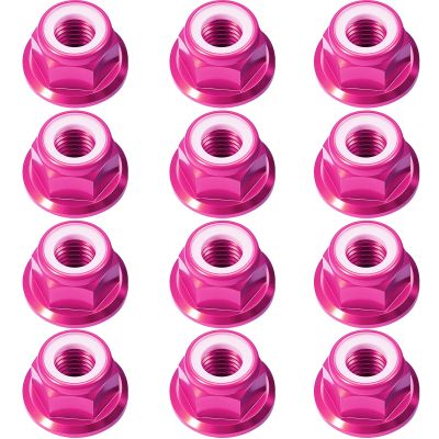 12Pcs M4 Flange Nuts Aluminum, M4-0.7mm Hex Flange Nylon Insert Lock Nuts for 1/10 Scale RC Car Traxxas Slash 4x4 2WD Stampede VXL Rustler VXL HPI Redcat Axial Racing Truck Buggy Crawler Wheels Rose