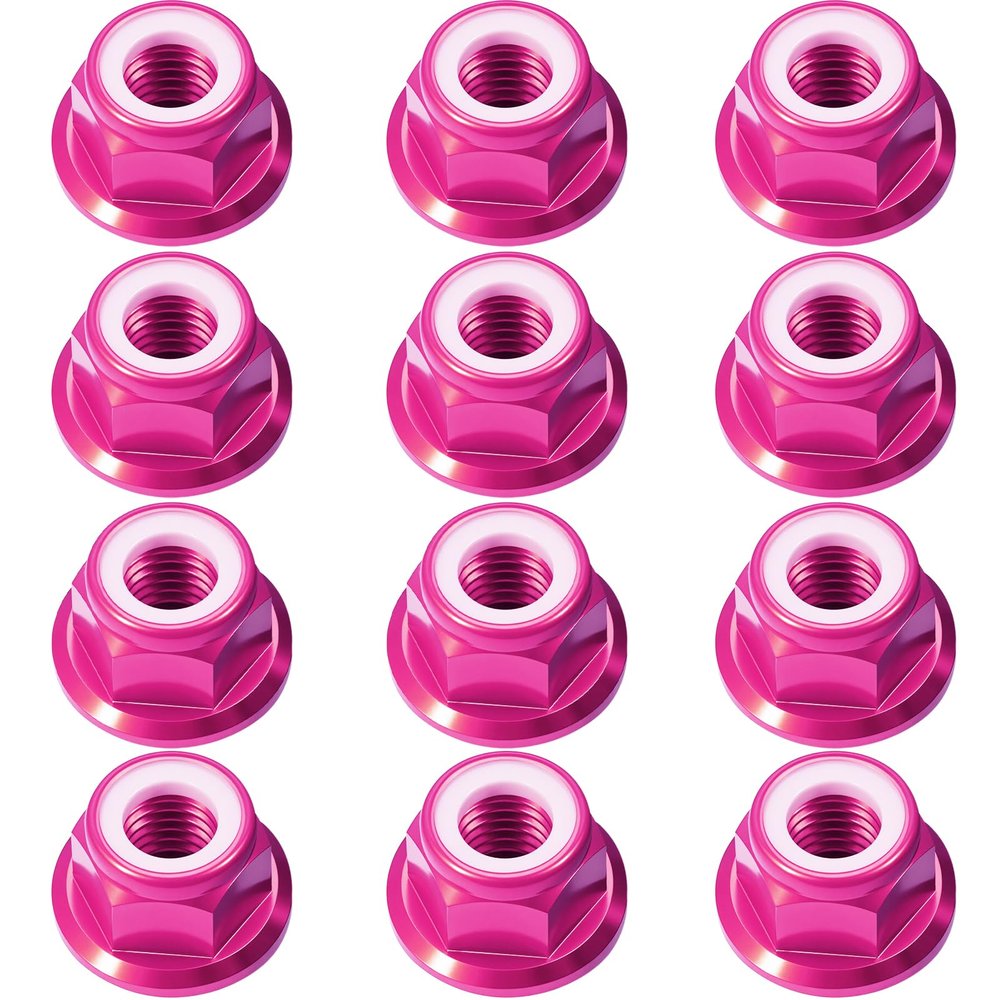 12Pcs M4 Flange Nuts Aluminum, M4-0.7mm Hex Flange Nylon Insert Lock Nuts for 1/10 Scale RC Car Traxxas Slash 4x4 2WD Stampede VXL Rustler VXL HPI Redcat Axial Racing Truck Buggy Crawler Wheels Rose