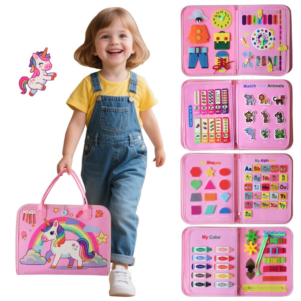 KAWITLO Montessori Toddler Busy Board Toys, Girls Unicorn Learning Sensory Toy, Toddler Travel Toy, Children's Educational Activity Busy Book, Birthday Gift (Pink)