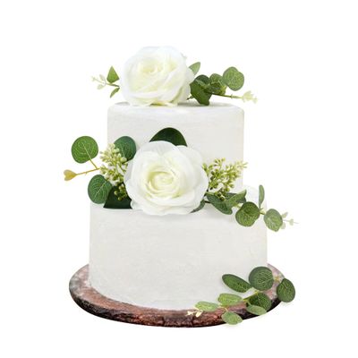 16pcs Artificial 3D Flower Cake Toppers White Rose Floral Cake Decors for White Wedding Anniversary Bridal Engagement Fairy Baby Shower Valentine's Mother's Day Birthday Party Decoration