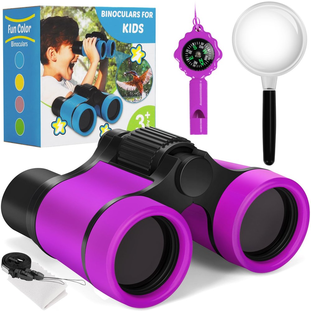Binoculars for Kids, Kids Binoculars Toys for 3 4 5 6 7 8 Years Boys and Girls, Set with Magnifying Glass & Compass - Birthday Gifts Outdoor Toy for Kid Ages 3-8 Toddler Camping (Purple)