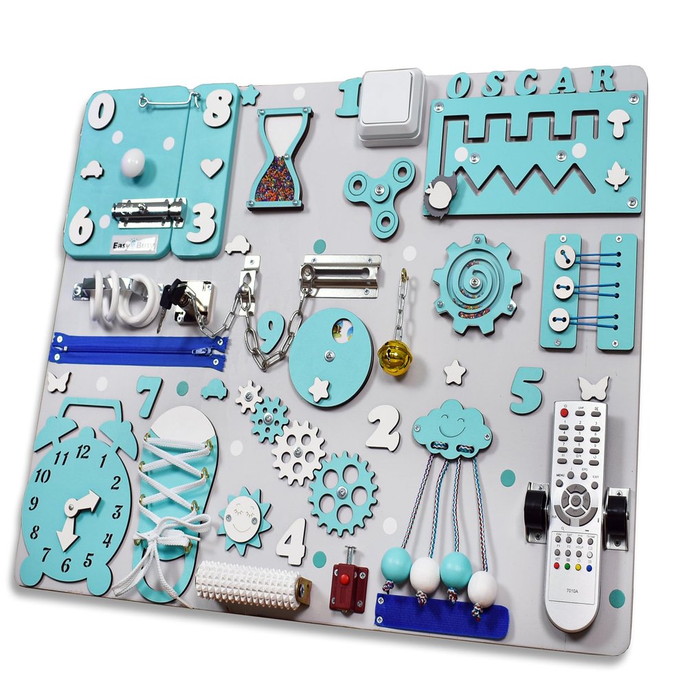Interactive Montessori Busy Board with TV Remote  19.6x23.6 in Turquoise Wooden Activity Toy  Handmade Sensory Board for Toddlers  Educational Push & Pull Toy Ages 13 (With a wall mount kit)