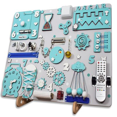 Interactive Montessori Busy Board with TV Remote  19.6x23.6 in Turquoise Wooden Activity Toy  Handmade Sensory Board for Toddlers  Educational Push & Pull Toy Ages 13 (With a wooden stand)