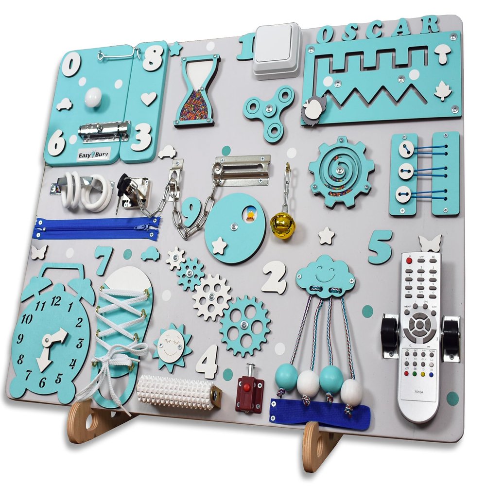 Interactive Montessori Busy Board with TV Remote  19.6x23.6 in Turquoise Wooden Activity Toy  Handmade Sensory Board for Toddlers  Educational Push & Pull Toy Ages 13 (With a wooden stand)