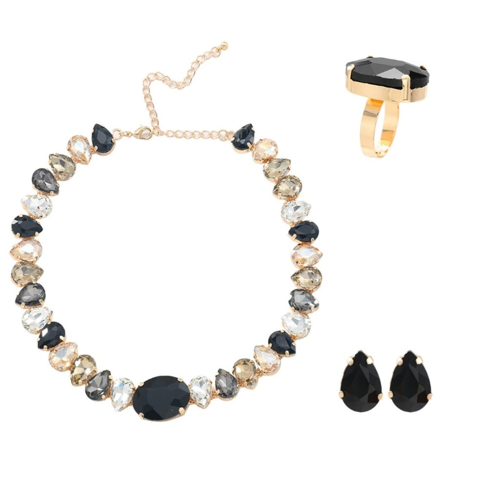 ZYIBPMSJKQCFK Women'S Necklace Earrings Ring Three Piece Black Set,black,47.5+11.4cm 2.8+2.5cm 1.4+1.1cm