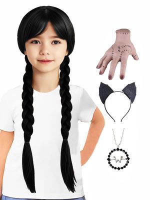 AKZKQKER Girls Wednesday Addams Wigs with Necklace Long Black Braided Wigs for Halloween Party Costumes