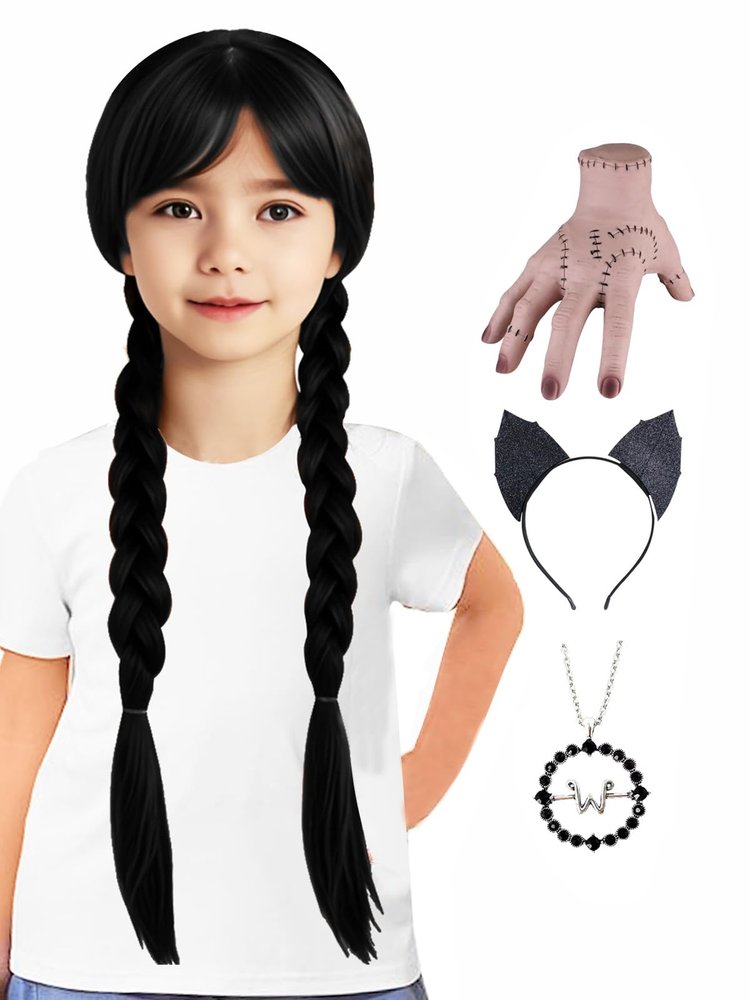 AKZKQKER Girls Wednesday Addams Wigs with Necklace Long Black Braided Wigs for Halloween Party Costumes