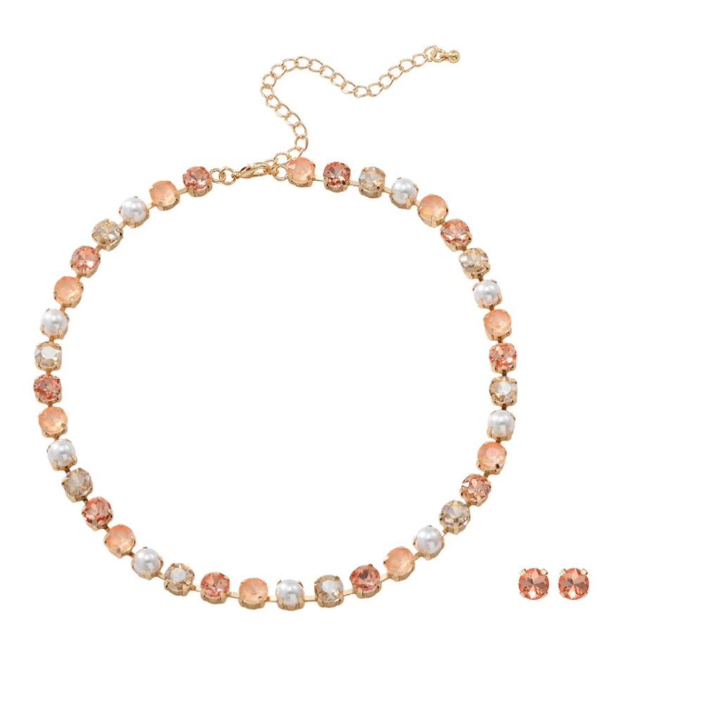 ZYIBPMSJKQCFK Bohemian Pearl Necklace Earrings 2-Piece Set Collarbone Chain,rose Gold,42.5+11.5cm