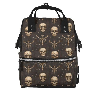 Baby Doll Diaper Bag Backpack - Pirate Style Skull Print Mommy Bag, Tactical Infant Baby Backpack, Fashion Travel Hiking Toddler Tote Nursing Nappy Bags for Dad Mom Women Men