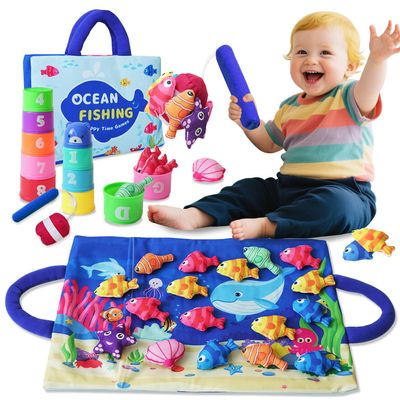 KAWITLO Montessori Toys for Toddlers, 29-Piece Cloth Fishing Game Set with Stacking Cups, Perfect for Toddler Birthday Gifts, Sensory Fishing Toy for Babies, Double Fishing rods