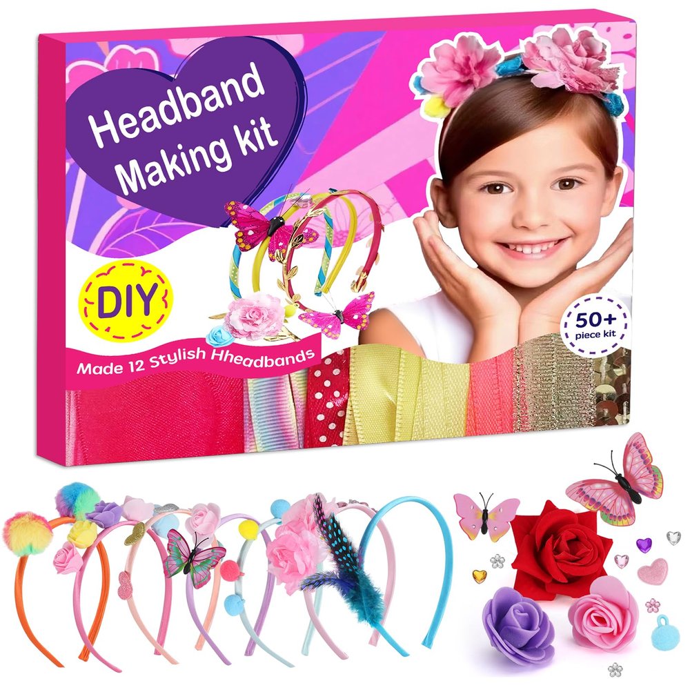 Adinomiency DIY Headband Making Kit for Kids Arts and Crafts - 50+ Pieces to Create 12+ Headbands, Birthday Party Gift, Holiday Gifts for Ages 5-12, Ideal for Party Supplies & Creative Activity