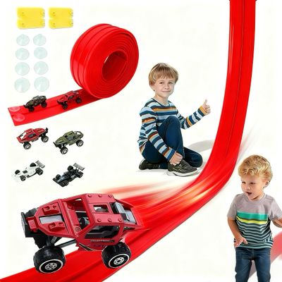 16 Ft Race Track Toys for Kids, Flexible Race Car Ramp Track with 4 Race Cars and 10 Suction Cups, Compatible with Hot Wheels and Diecast 1/64th Cars for Ages 3+ Year Old