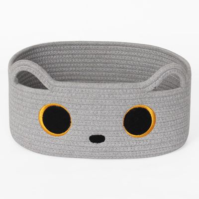 WILLITAT Gray Cat Toy Basket, Small Woven Cat Toy Storage Box with Cute Ears Handle Indoor, Cotton Rope Storage Bin with Embroidered Face for Home Decor, Pet Bed, Nursery Kids Room Organization