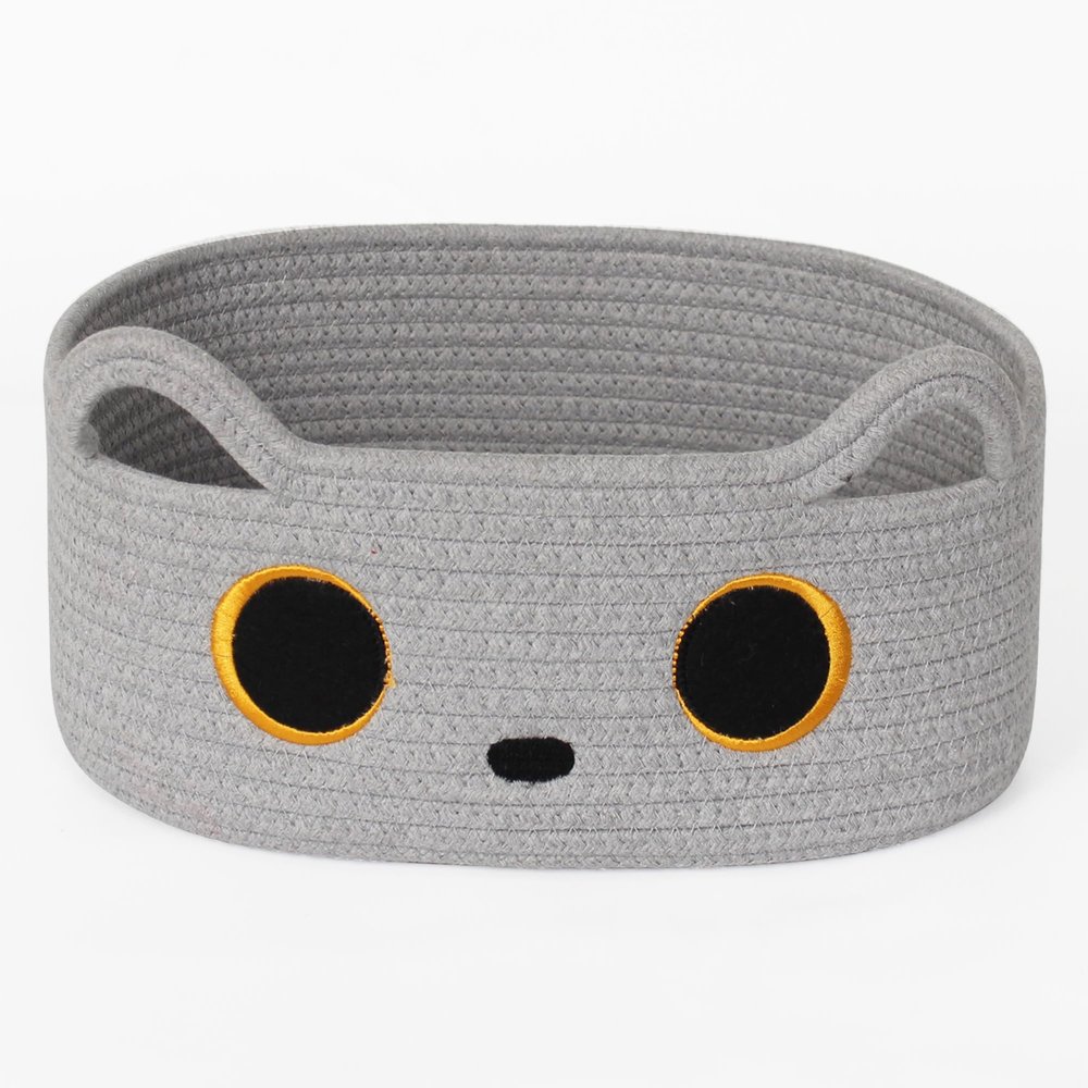 WILLITAT Gray Cat Toy Basket, Small Woven Cat Toy Storage Box with Cute Ears Handle Indoor, Cotton Rope Storage Bin with Embroidered Face for Home Decor, Pet Bed, Nursery Kids Room Organization