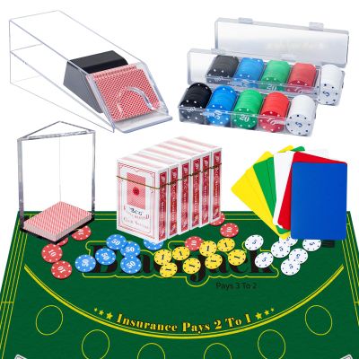 Entertainment Casino Game Set,Blackjack,Texas Hold'em,Poker Card Kit with Card Dealing Shoe,Discard Tray,200 Chips,6 Deck Card,Double-sided feltGreen,10 Cut Cards,Poker Set,Blackjack Table Set
