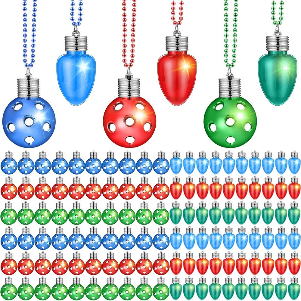 Sasylvia 100 Pcs Light up Christmas Bulb Necklace on Mardi Gras Beads, LED Light Bulbs Necklaces Flashing Glow in the Dark Necklaces Holiday Necklace for Christmas Party Accessory Stocking Stuffers