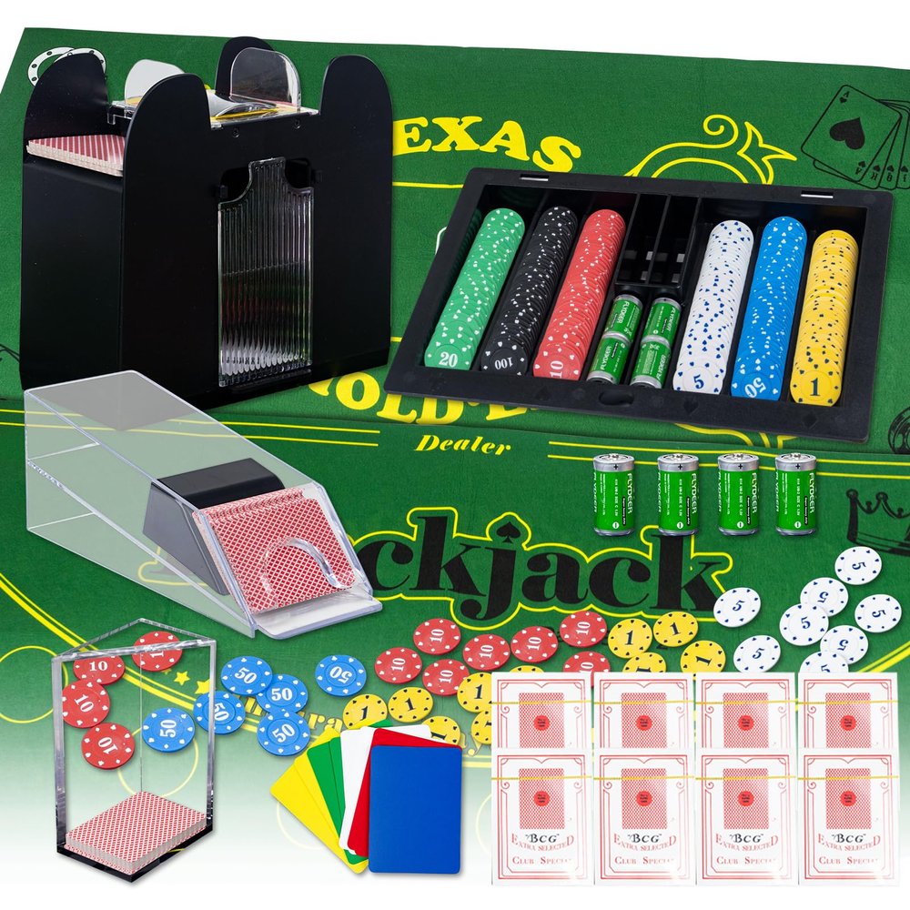 Casino Table Game Set,Blackjack/Texas Hold'em/Poker Set with Card Shoe,Discard Tray, Automatic Shuffler,Chip Rake,360Chips,8 Deck Playing Card ,Double-sided feltGreen,10 Cut Cards,Casino Poker Set