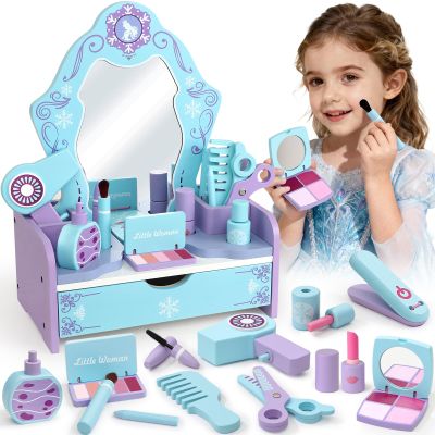 Toyssa Wooden Kids Vanity Set for Girls, Pretend Makeup Play Vanity for Toddlers 3-5, Beauty Salon Play Set Toys with Big Mirror, Princess Birthday for Girls Ages 3 4 5 6 Years Old