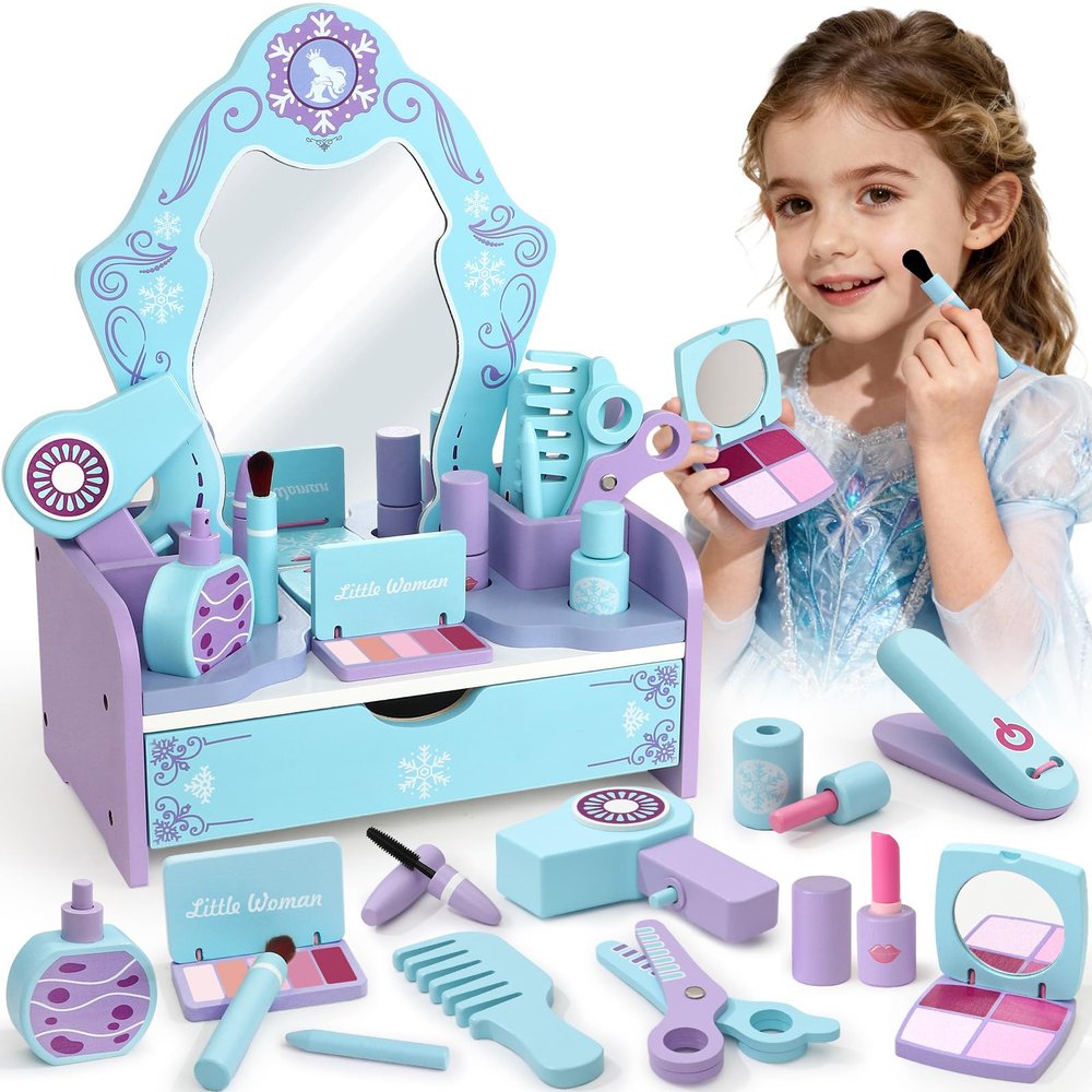 Toyssa Wooden Kids Vanity Set for Girls, Pretend Makeup Play Vanity for Toddlers 3-5, Beauty Salon Play Set Toys with Big Mirror, Princess Birthday for Girls Ages 3 4 5 6 Years Old