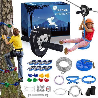 110FT Zip Line Kit for Kids & Adults, Up to 360 lbs - Updated Removable Trolley, Thickened Seat, Safety Harness, Spring Brake - Backyard Outdoor Zipline with Tree Climbers, Christmas Birthday Gift