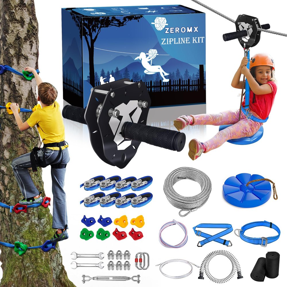 110FT Zip Line Kit for Kids & Adults, Up to 360 lbs - Updated Removable Trolley, Thickened Seat, Safety Harness, Spring Brake - Backyard Outdoor Zipline with Tree Climbers, Christmas Birthday Gift