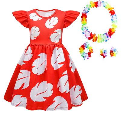 MSSmile-FANKID Little Girls Hawaiian Costume Dress With Luau Flower Leis Accessories Flower Hair Clip(4-5Years/110cm,red)