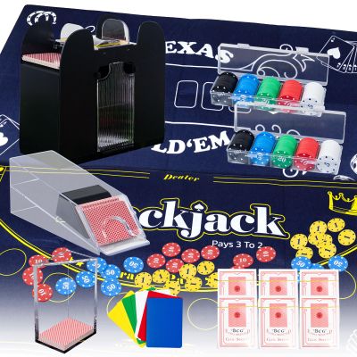 Extguds Casino Poker Set,Blackjack/Texas Hold'em/Poker Set with Card Shoe,Discard Tray, Automatic Shuffler,200 Chips,6 Deck Card,Double-Sided FeltBlue,10 Cut Cards,Casino Table Game Set