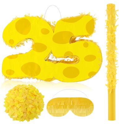 Arrowbash Yellow Sponge Number 25 Piata for Birthday Party Decorations Anniversary Celebrations with Stick Blindfold Confetti for Birthday Party Supplies