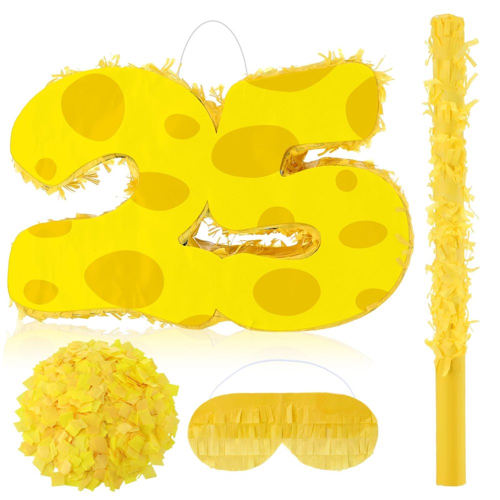 Arrowbash Yellow Sponge Number 25 Piata for Birthday Party Decorations Anniversary Celebrations with Stick Blindfold Confetti for Birthday Party Supplies