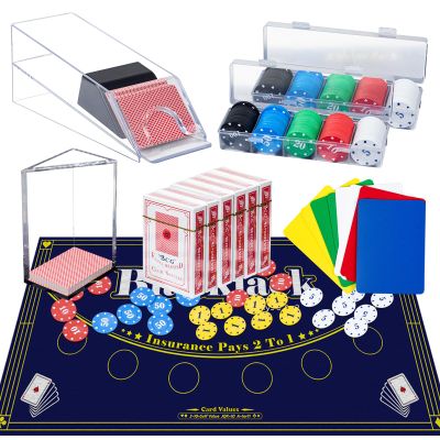 Extguds Entertainment Casino Game Set,Blackjack,Texas Hold'em,Poker Card Kit with Card Dealing Shoe,Discard Tray,200 Chips,6 Deck Card,Double-Sided FeltBlue,10 Cut Cards,Blackjack Set