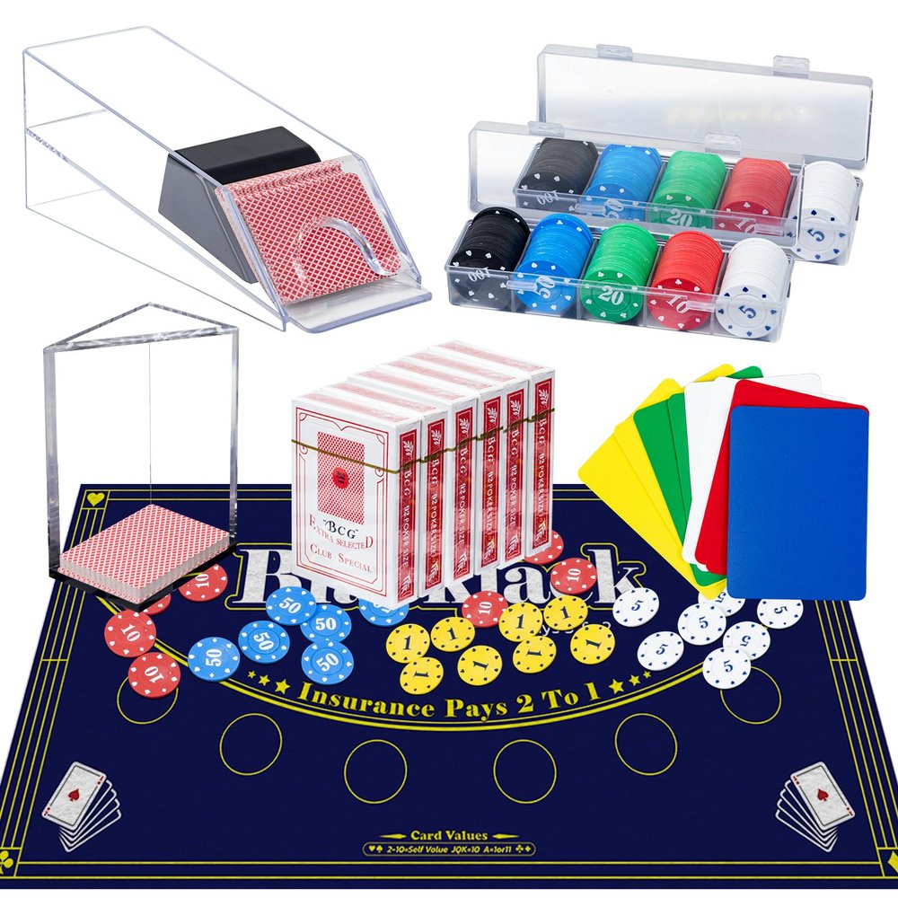 Extguds Entertainment Casino Game Set,Blackjack,Texas Hold'em,Poker Card Kit with Card Dealing Shoe,Discard Tray,200 Chips,6 Deck Card,Double-Sided FeltBlue,10 Cut Cards,Blackjack Set