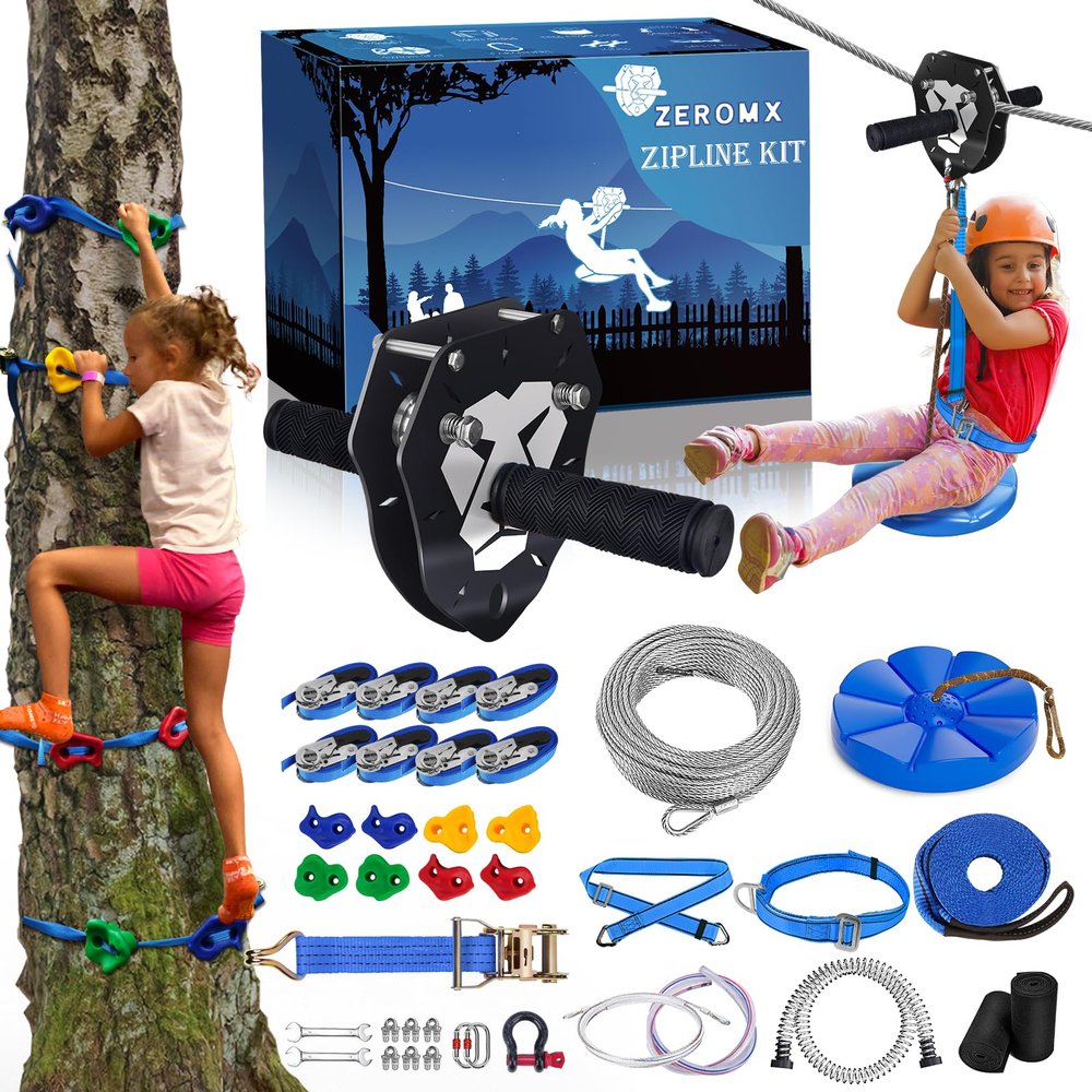 160FT Zip Line Kit for Kids & Adults, Up to 360 lbs - Updated Removable Trolley, Thickened Seat, Safety Harness, Quick Tighten - Backyard Outdoor Zipline with Tree Climbers, Christmas Birthday Gift