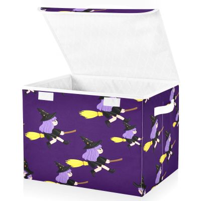 Kigai Halloween Witch Storage Boxes with Lid & Handles Collapsible Stackable Storage Bins Decorative Fabric Closet Organizer Baby Basket for Bedroom Nursery Living Room Office