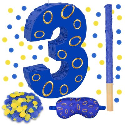 16 Inch Number 3 Double Sided Printing Blue Gold Ring Pinata with 16 Inch Piata Stick Blindfold Confetti for Boy Girl Kids 3rd Birthday Party Decorations (3rd)