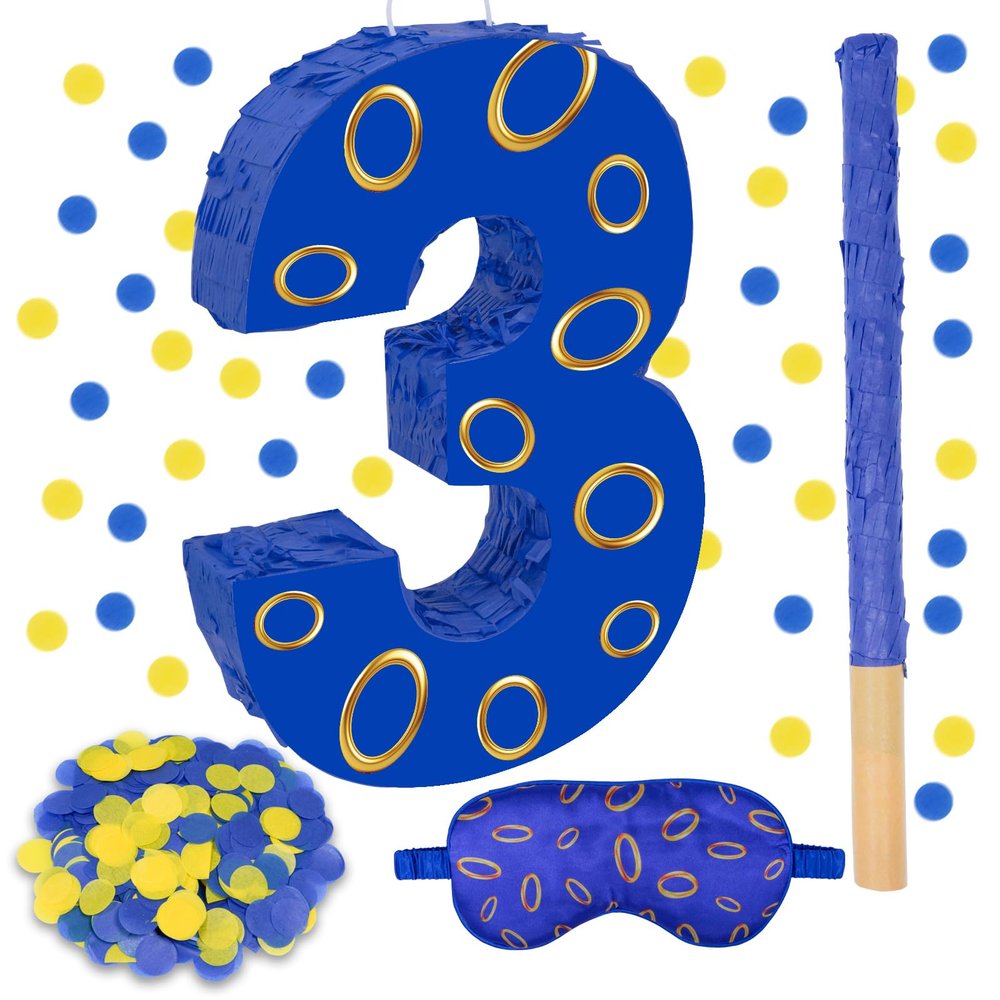 16 Inch Number 3 Double Sided Printing Blue Gold Ring Pinata with 16 Inch Piata Stick Blindfold Confetti for Boy Girl Kids 3rd Birthday Party Decorations (3rd)