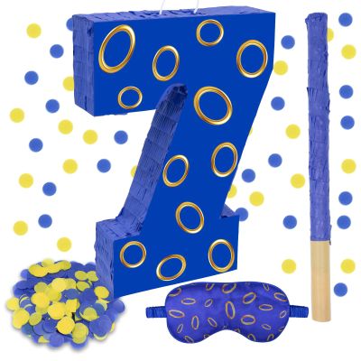 16 Inch Number 7 Double Sided Printing Blue Gold Ring Pinata with 16 Inch Piata Stick Blindfold Confetti for Boy Girl Kids 7th Birthday Party Decorations (7th)
