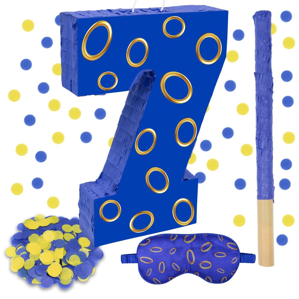 16 Inch Number 7 Double Sided Printing Blue Gold Ring Pinata with 16 Inch Piata Stick Blindfold Confetti for Boy Girl Kids 7th Birthday Party Decorations (7th)