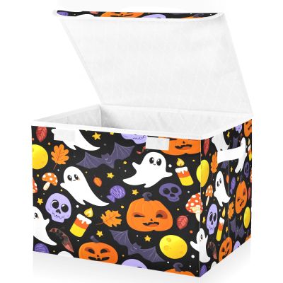 Kigai Halloween Pumpkin Storage Boxes with Lid & Handles Collapsible Stackable Storage Bins Decorative Fabric Closet Organizer Baby Basket for Bedroom Nursery Living Room Office