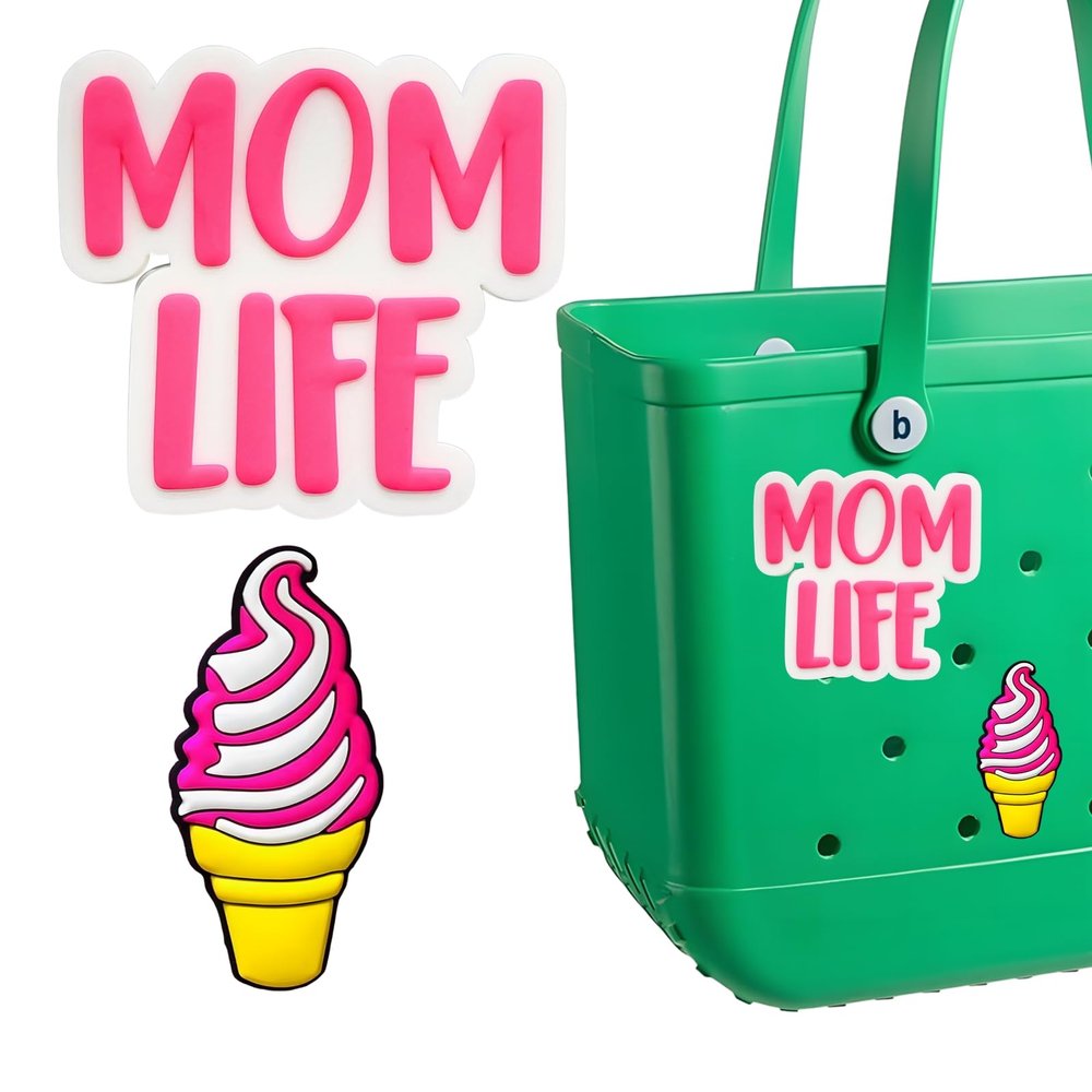 Charms for Bogg Bag, Decorative Rubber Charms for Beach Tote Bags, Personalized Insert Accessories for Simply Southern and Bogg Bags (mom life+frozen yogurt)