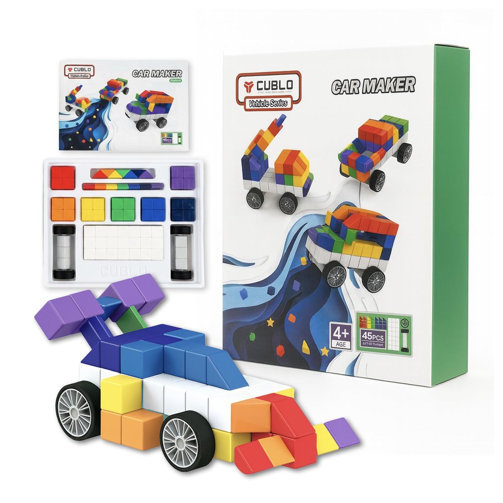 CUBLO Magic Cube Car Maker, Car Series with Magnetic Cube Block for Childrens Fun & Education, Including Square, Triangilar and Semicircular Blocks with Panel Blocks & Wheel Block