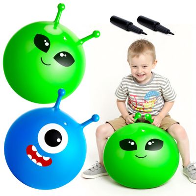 ZOOJOY Hopper Ball 2 Pack, 18In Bouncy Ball with Handle, Alien & Monste Horn Hop Balls Girls Boys Toys for for Sport/School/Team, Inflatable Kids Gifts for 3 4 5 6 7 8 Yr Old for Indoor Outdoor Game