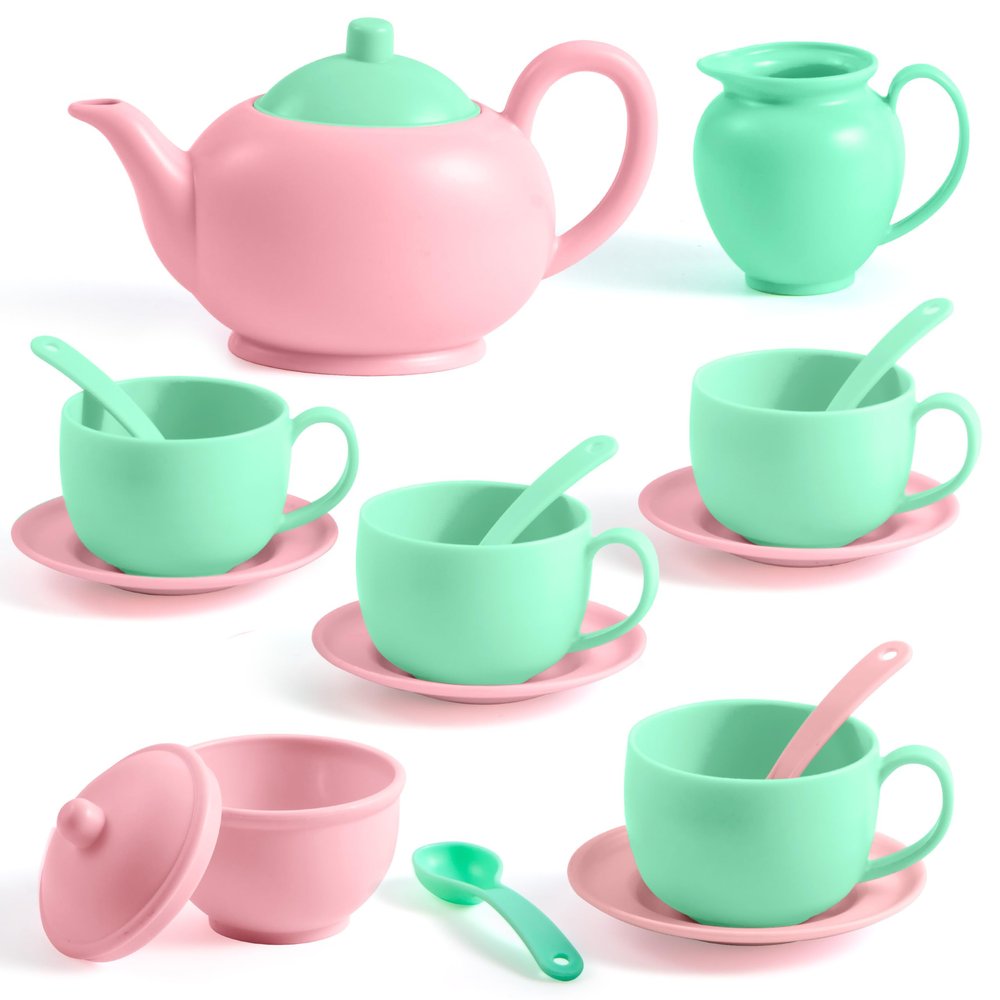 JOYIN 18PCS Pretend Tea Party Set, Plastic Tea Set, Mini Kitchen for Kids, Gifts for Toddler Boys Girls Ages 3 4 5 6 Years Old, Easter Birthday Gifts