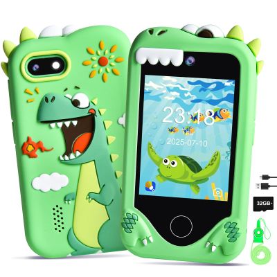 Jusvenmt Kids Smart Phone for Boys, Dinosaur 2.8 Touchscreen Toy Phones Christmas Birthday Gift for Boy Ages 3-9, Toddler Play Learning Cell Phone with Dual Camera, Game, MP3 Player, 32GB Card, Green