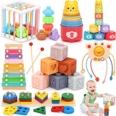 FlufiFiea 6 in 1 Montessori Baby Toys 6-12-18 Months Infant Teething Toys Stacking Blocks Rings Sensory Bin Sorting Sensory Educational Learning Toys for Toddlers 1-3 Years Old Perfect Toddler Gift