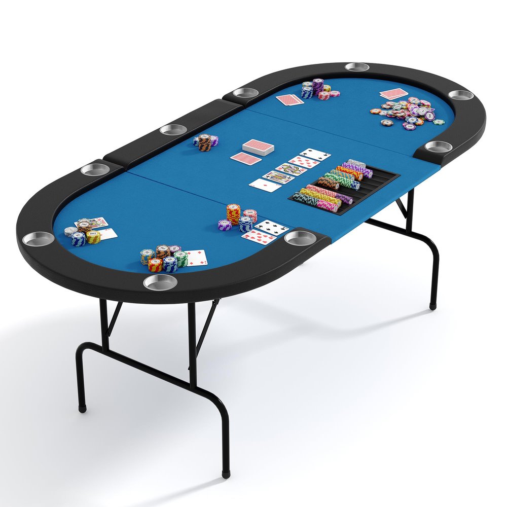 Reljofum Oval Poker Table with Collapsible Legs, Casino Leisure Gamimg Table for 10 Players, Texas Holdem Blackjack Poker Table with Stainless Steel Cup Holder