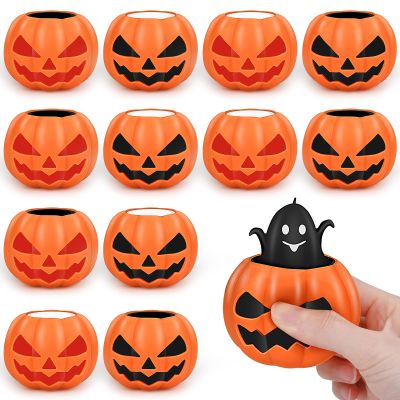 12 Pcs Halloween Pumpkin Stress Ball,Upgrade Material Pumpkin Squishy Toy Ghost Pop-Out,Halloween Pumpkin Squeeze Head Ball Non-Candy Trick Or Treat,Pumpkin Ball Stress Relief Box