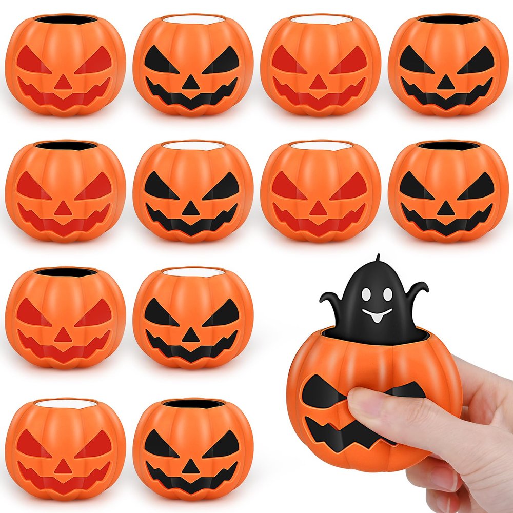 12 Pcs Halloween Pumpkin Stress Ball,Upgrade Material Pumpkin Squishy Toy Ghost Pop-Out,Halloween Pumpkin Squeeze Head Ball Non-Candy Trick Or Treat,Pumpkin Ball Stress Relief Box