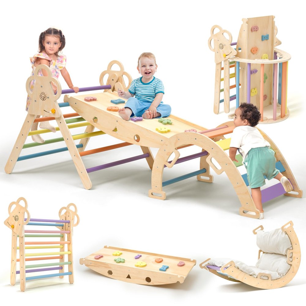 VENSEEN Baby Pikler Triangle Set with Cushion, 9-in-1 Foldable Wooden Climbing Toys for Toddlers, Indoor Montessori Jungle Gym Set for Kids Birthday Gift
