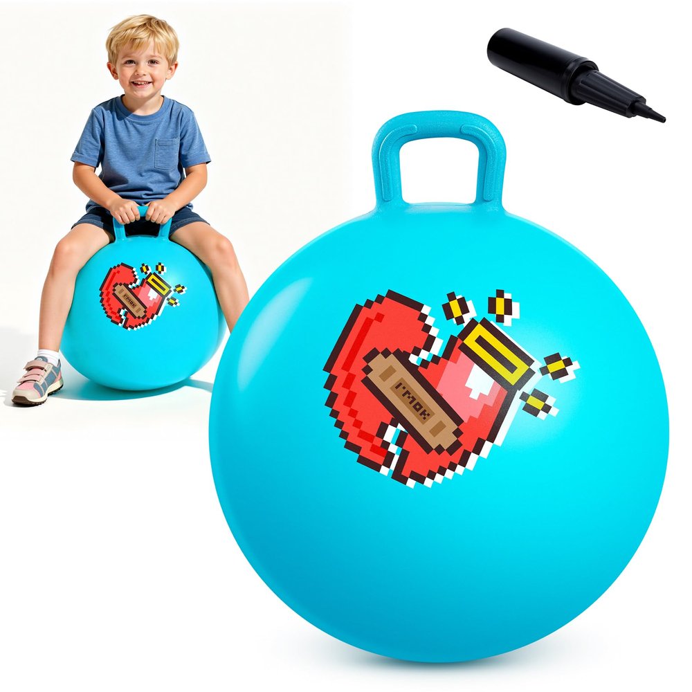 EVERICH TOY Hopper Ball for Kids, 18In Ride On Bouncy Ball with Handle, Blue Heart Girls Toys for Indoor Outdoor Active Play Toys Easter Basket Stuffers Girls Boys Gifts for 4 5 6 7 8 Yr Old
