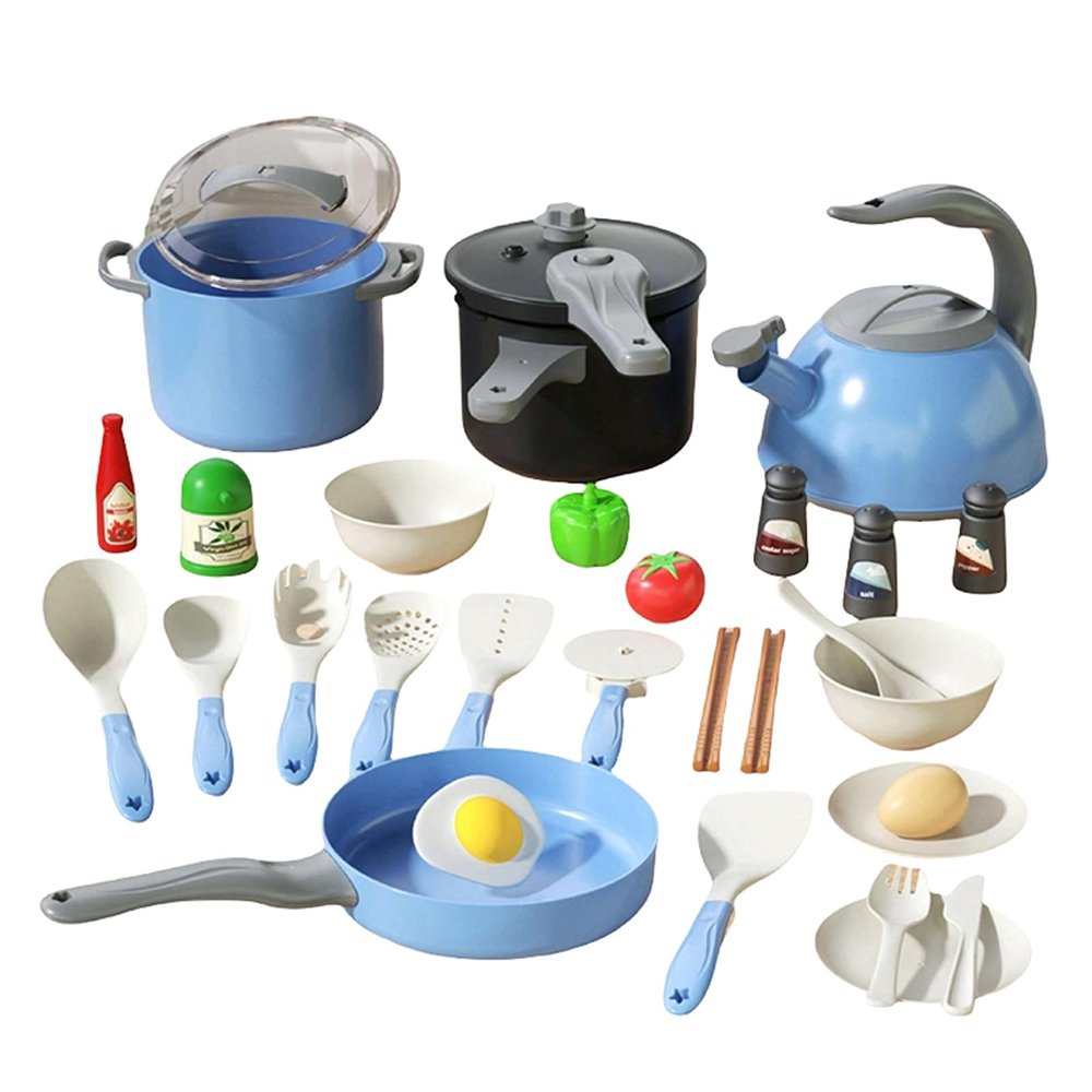 32Pcs Kids Kitchen Playset for 3+ Year Olds - Pretend Cooking Toys with Pots, Pans & Play Food - Learning Gift for Boys Girls Toddlers Ages 3-8 (Blue)